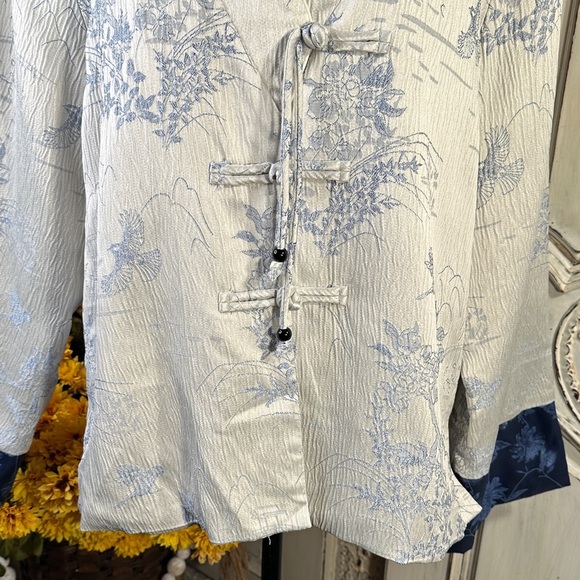 Elegant Women's Satin Asian Jacket with Blue Floral and Scenic Design - Picture 3 of 11